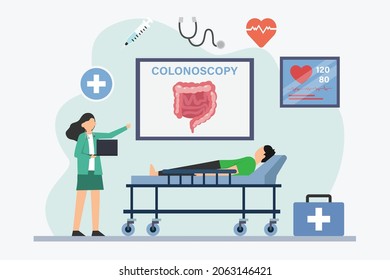 Colonoscopy vector concept. Female doctor examining bowel of patient while using a laptop in the hospital