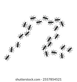 Colony of black ants is marching, creating a dynamic and scattered composition on a white background