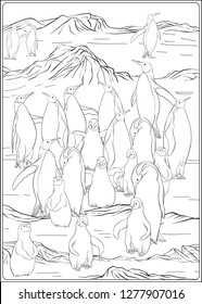 A colony of emperor penguins on the Antarctic coast. Outline hand drawing vector illustration. Coloring page for the adult coloring book.