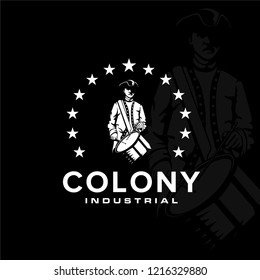 Colony logo design with negative space illustrations of soldiers wearing hats and carrying drum instruments surrounded by stars