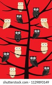 Colony of owls sitting on branches of tree , owl poster