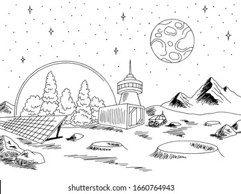 Colony Planet Graphic Black White Space Landscape Sketch Illustration Vector