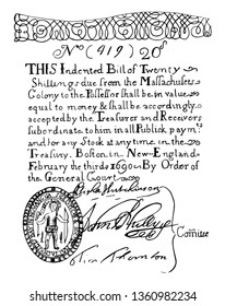 Colony veröffentlichte das erste Papiergeld in den Kolonien im Jahr 1690, das man Kolonialnoten, Vintage-Linie Zeichnung oder Gravitation Illustration.