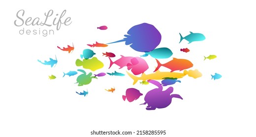 Colony of swiming sea or aquarium colorful fishes. Group of color silhouettes . Collection of isolated vector decoration.