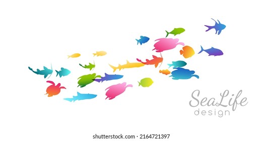 Colony of swiming sea or aquarium colorful fishes. Group of color silhouettes . Collection of isolated vector decoration.