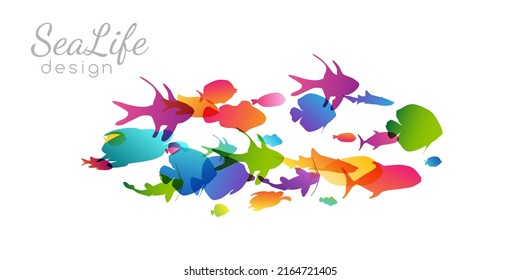 Colony of swiming sea or aquarium colorful fishes. Group of color silhouettes . Collection of isolated vector decoration.