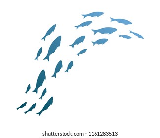 Colony of swiming sea or aquarium fishes. Group of color silhouettes. Isolated vector decoration.