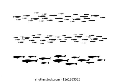 Colony of swiming sea or aquarium fishes. Group of silhouettes . Isolated vector borders.