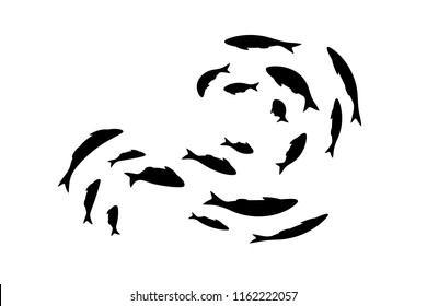 Colony of swiming sea or aquarium fishes. Group of silhouettes . Isolated vector decoration.