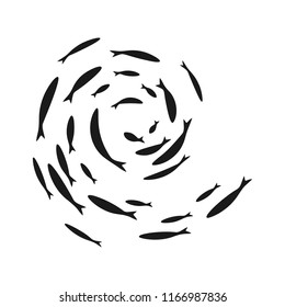 Colony of swiming sea or aquarium fishes. Group of silhouettes . Isolated vector swirl decoration. Top view.