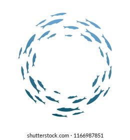 Colony of swiming sea or aquarium fishes. Group of  color silhouettes. Isolated vector round decoration. Top view.