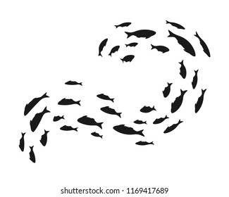 Colony of swiming sea or aquarium fishes. Group of silhouettes . Isolated vector decoration.