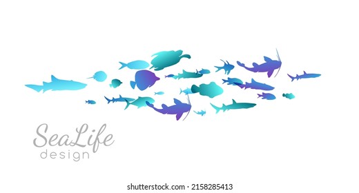 Colony of swiming sea or aquarium fishes. Group of underwater animals. Collection of isolated vector decoration.