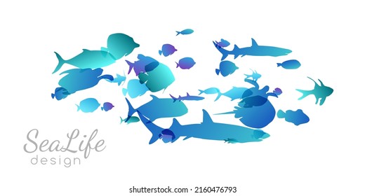 Colony of swiming sea or aquarium fishes. Group of underwater animals. Collection of isolated vector decoration.