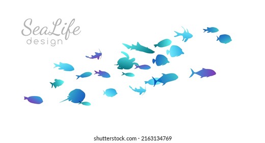 Colony of swiming sea or aquarium fishes. Group of underwater animals. Collection of isolated vector decoration.