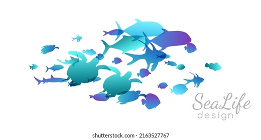 Colony of swiming sea or aquarium fishes. Group of underwater animals. Collection of isolated vector decoration.