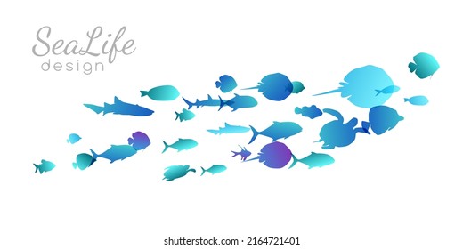 Colony of swiming sea or aquarium fishes. Group of underwater animals. Collection of isolated vector decoration.