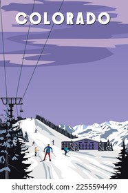 Colopado Ski travel resort poster vintage. Aspen USA winter landscape travel card