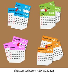 Color 2022 calendar. Year seasons sign. Red drawing pin. Wall art. Business design. Vector illustration. Stock image. 