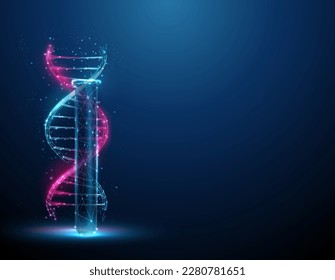 Color 3d DNA molecule helix near the lab test tube. Scientific research concept. Gene editing, genetic biotechnology engineering. Low poly style. Abstract wireframe light structure. Vector