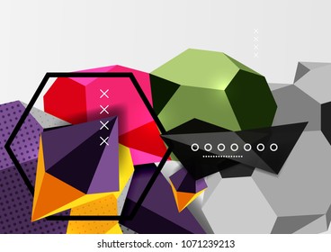 Cartel de composición geométrica en 3d de color. Ilustración vectorial de triángulos coloridos, pirámides, hexagones y otras formas sobre fondo gris