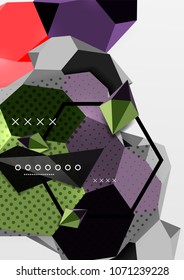 Farbe 3D geometrisches Kompositionsposter. Vektorgrafik von bunten Dreiecken, Pyramiden, Hexagons und anderen Formen auf grauem Hintergrund