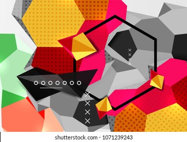 Color 3d geometric composition poster. Vector illustration of colorful triangles, pyramids, hexagons and other shapes on grey background