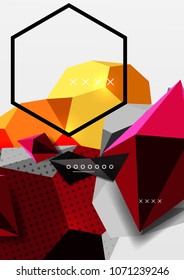 Cartel de composición geométrica en 3d de color. Ilustración vectorial de triángulos coloridos, pirámides, hexagones y otras formas sobre fondo gris