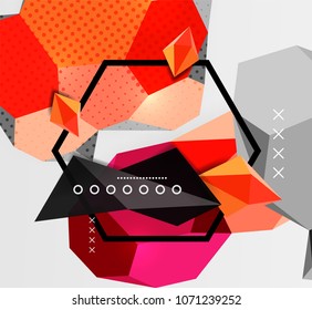 Color 3d geometric composition poster. Vector illustration of colorful triangles, pyramids, hexagons and other shapes on grey background