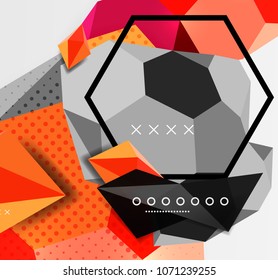 Color 3d geometric composition poster. Vector illustration of colorful triangles, pyramids, hexagons and other shapes on grey background