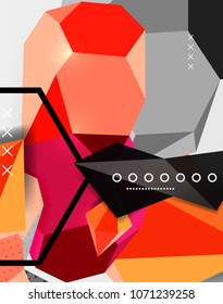 Color 3d geometric composition poster. Vector illustration of colorful triangles, pyramids, hexagons and other shapes on grey background