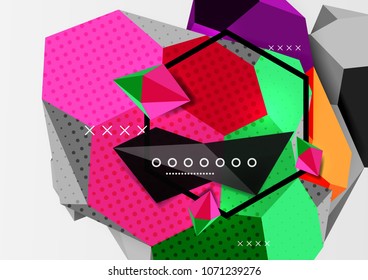 Color 3d geometric composition poster. Vector illustration of colorful triangles, pyramids, hexagons and other shapes on grey background