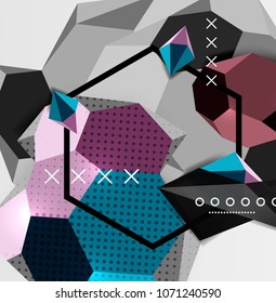 Color 3d geometric composition poster. Vector illustration of colorful triangles, pyramids, hexagons and other shapes on grey background