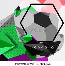 Cartel de composición geométrica en 3d de color. Ilustración vectorial de triángulos coloridos, pirámides, hexagones y otras formas sobre fondo gris