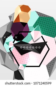 Color 3d geometric composition poster. Vector illustration of colorful triangles, pyramids, hexagons and other shapes on grey background