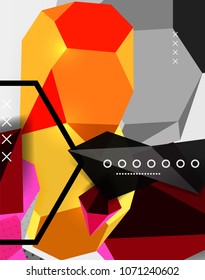 Color 3d geometric composition poster. Vector illustration of colorful triangles, pyramids, hexagons and other shapes on grey background
