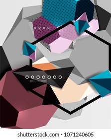 Farbe 3D geometrisches Kompositionsposter. Vektorgrafik von bunten Dreiecken, Pyramiden, Hexagons und anderen Formen auf grauem Hintergrund