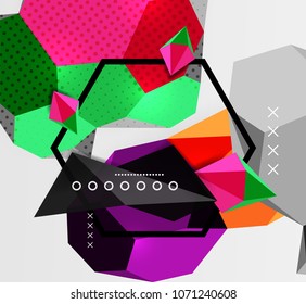 Cartel de composición geométrica en 3d de color. Ilustración vectorial de triángulos coloridos, pirámides, hexagones y otras formas sobre fondo gris