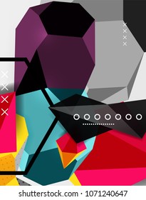 Color 3d geometric composition poster. Vector illustration of colorful triangles, pyramids, hexagons and other shapes on grey background