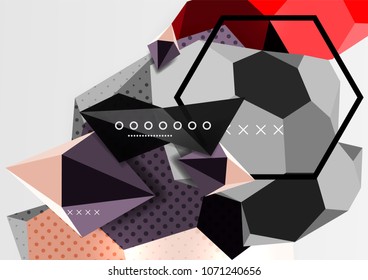 Cartel de composición geométrica en 3d de color. Ilustración vectorial de triángulos coloridos, pirámides, hexagones y otras formas sobre fondo gris