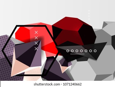 Color 3d geometric composition poster. Vector illustration of colorful triangles, pyramids, hexagons and other shapes on grey background