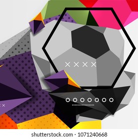 Color 3d geometric composition poster. Vector illustration of colorful triangles, pyramids, hexagons and other shapes on grey background