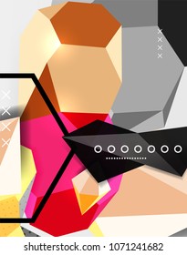 Color 3d geometric composition poster. Vector illustration of colorful triangles, pyramids, hexagons and other shapes on grey background