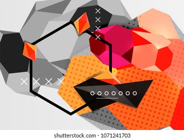 Farbe 3D geometrisches Kompositionsposter. Vektorgrafik von bunten Dreiecken, Pyramiden, Hexagons und anderen Formen auf grauem Hintergrund