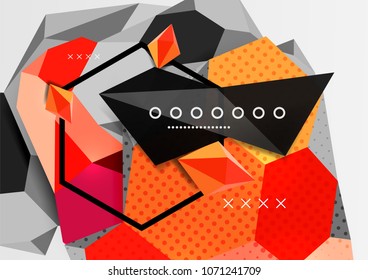Cartel de composición geométrica en 3d de color. Ilustración vectorial de triángulos coloridos, pirámides, hexagones y otras formas sobre fondo gris