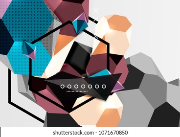 Farbe 3D geometrisches Kompositionsposter. Vektorgrafik von bunten Dreiecken, Pyramiden, Hexagons und anderen Formen auf grauem Hintergrund