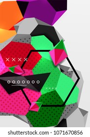 Cartaz de composição geométrica 3d colorido. Ilustração vetorial de triângulos coloridos, pirâmides, hexágonos e outras formas sobre fundo cinza
