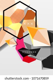Color 3d geometric composition poster. Vector illustration of colorful triangles, pyramids, hexagons and other shapes on grey background