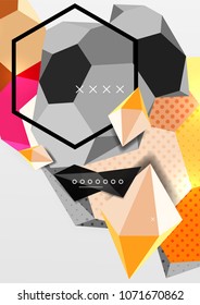 Color 3d geometric composition poster. Vector illustration of colorful triangles, pyramids, hexagons and other shapes on grey background