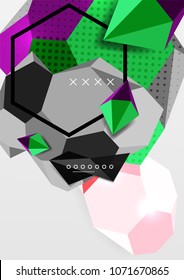 Farbe 3D geometrisches Kompositionsposter. Vektorgrafik von bunten Dreiecken, Pyramiden, Hexagons und anderen Formen auf grauem Hintergrund